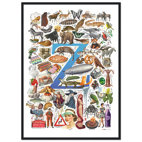 "Z is for Zenith" — a Renard Roux alphabet poster with English Z words (blue version)