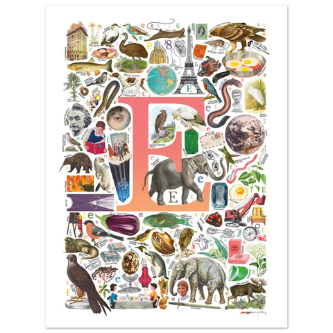 "E is for Explore" — a Renard Roux alphabet poster with English E words (red version)