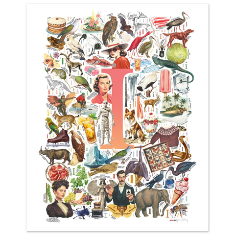 "I is for Imagination" — a Renard Roux alphabet poster with English I words (red version)