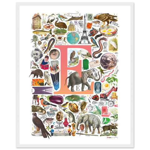 "E is for Explore" — a Renard Roux alphabet poster with English E words (red version)