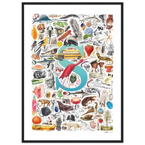 "S is for Surprise" — a Renard Roux alphabet poster with English S words (turquoise version)