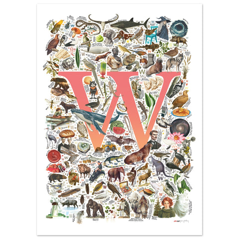 "W is for Wonder" — a Renard Roux alphabet poster with English W words (red version)