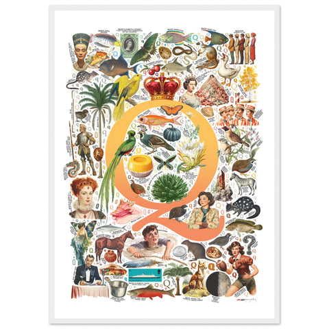 "Q is for Quest" — a Renard Roux alphabet poster with English Q words (yellow version)