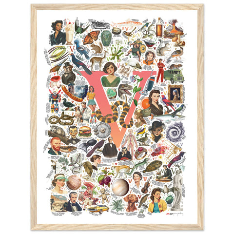 "V is for Voyage" — a Renard Roux alphabet poster with English V words (red version)