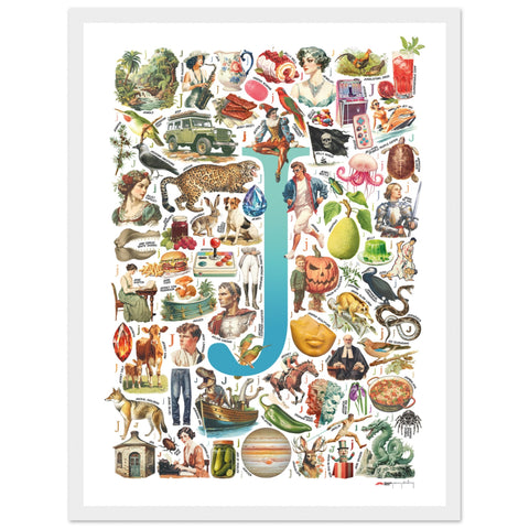 "J is for Journey" — a Renard Roux alphabet poster with English J words (turquoise version)