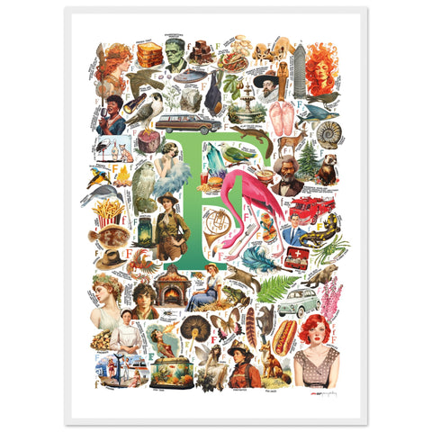 "F is for Festive" — a Renard Roux alphabet poster with English F words (green version)