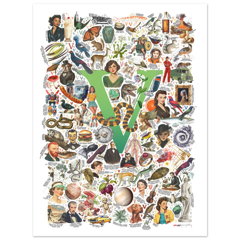 "V is for Voyage" — a Renard Roux alphabet poster with English V words (green version)