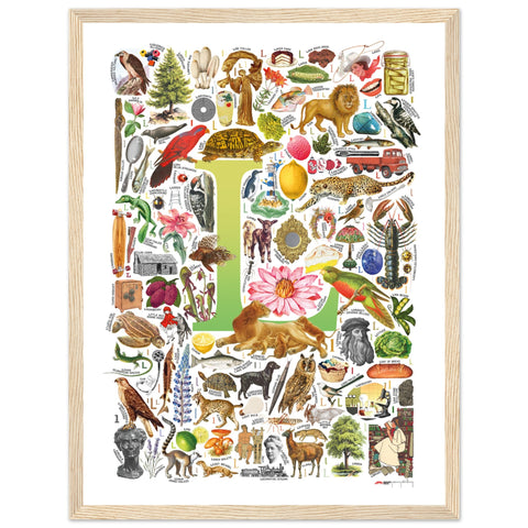 "L is for Learning" — a Renard Roux alphabet poster with English L words (chartreuse version)