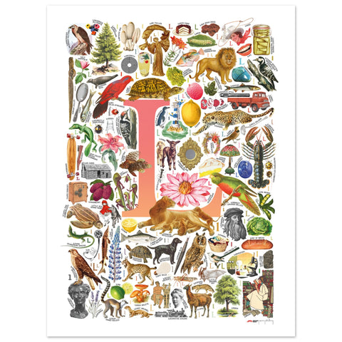 "L is for Learning" — a Renard Roux alphabet poster with English L words (red version)