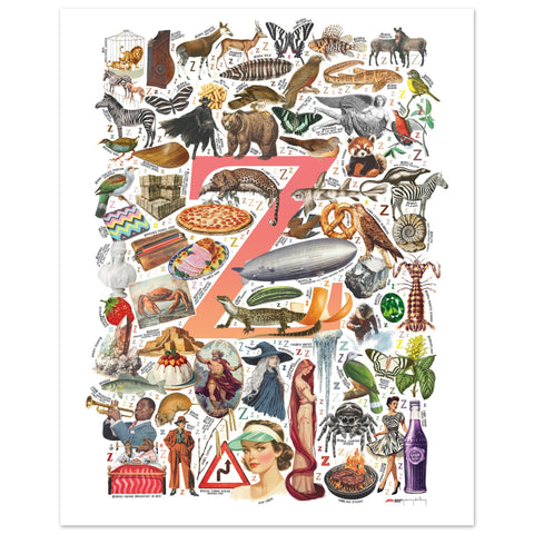 "Z is for Zenith" — a Renard Roux alphabet poster with English Z words (red version)