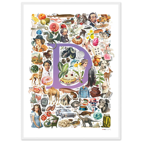 "D is for Discovery" — a Renard Roux alphabet poster with English D words (purple version)