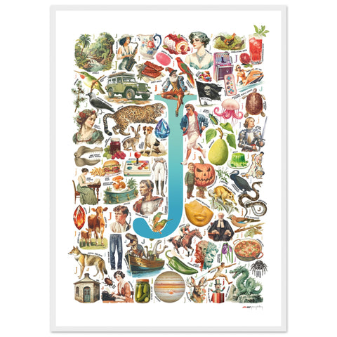 "J is for Journey" — a Renard Roux alphabet poster with English J words (turquoise version)