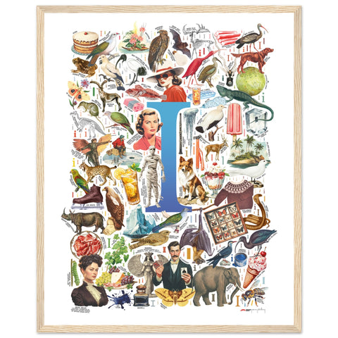 "I is for Imagination" — a Renard Roux alphabet poster with English I words (blue version)