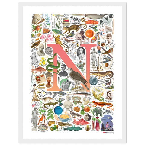 "N is for Nature" — a Renard Roux alphabet poster with English N words (red version)