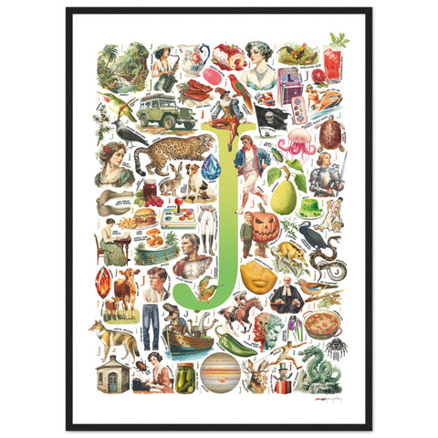 "J is for Journey" — a Renard Roux alphabet poster with English J words (chartreuse version)