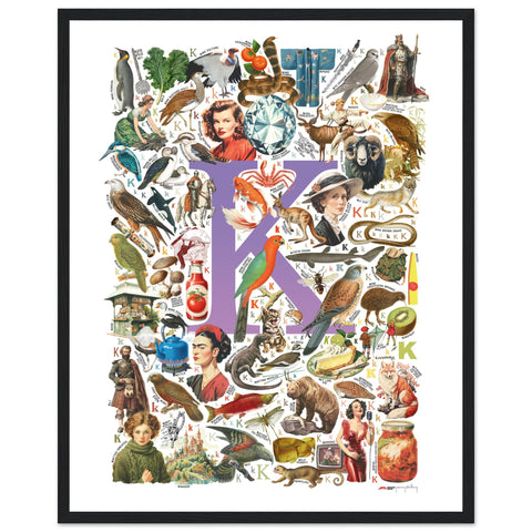 "K is for Keen" — a Renard Roux alphabet poster with English K words (purple version)