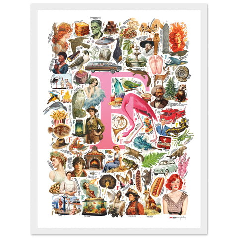 "F is for Festive" — a Renard Roux alphabet poster with English F words (pink version)