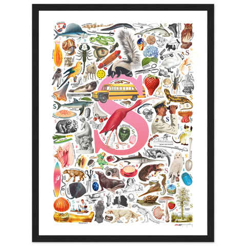 "S is for Surprise" — a Renard Roux alphabet poster with English S words (pink version)
