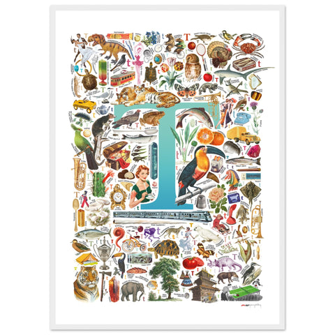 "T is for Treasure" — a Renard Roux alphabet poster with English T words (turquoise version)