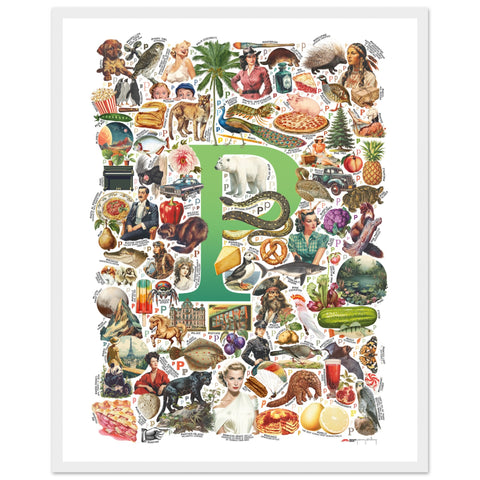 "P is for Pioneer" — a Renard Roux alphabet poster with English P words (green version)