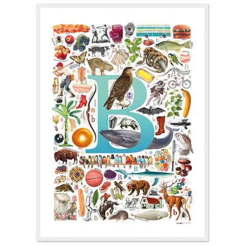 "B is for Brave" — a Renard Roux alphabet poster with English B words (turquoise version)