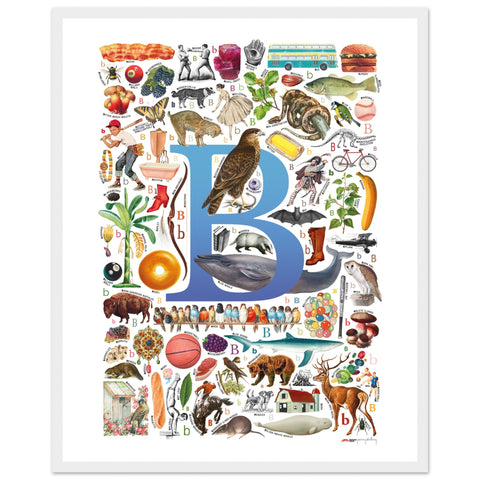 "B is for Brave" — a Renard Roux alphabet poster with English B words (blue version)