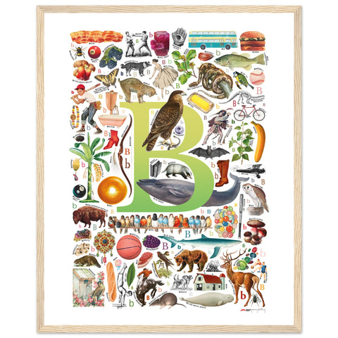 "B is for Brave" — a Renard Roux alphabet poster with English B words (chartreuse version)