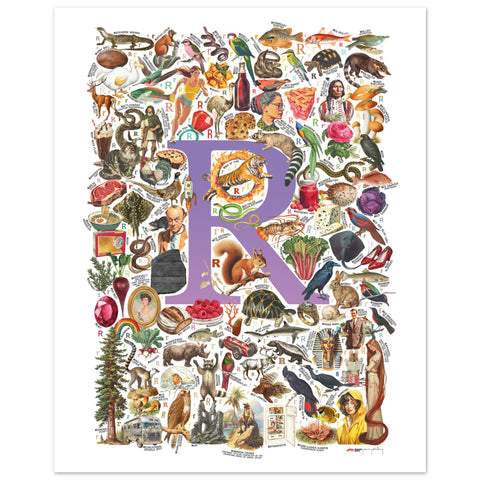 "R is for Remarkable" — a Renard Roux alphabet poster with English R words (purple version)