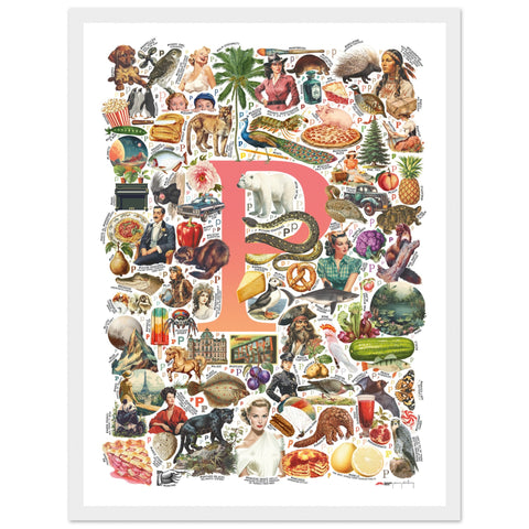 "P is for Pioneer" — a Renard Roux alphabet poster with English P words (red version)