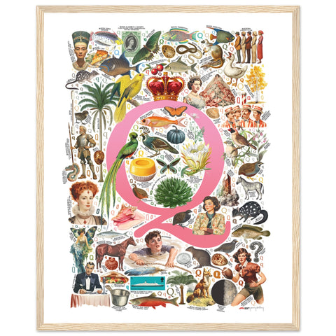 "Q is for Quest" — a Renard Roux alphabet poster with English Q words (pink version)