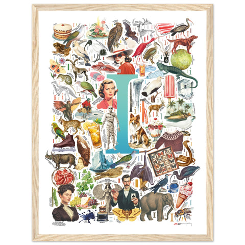 "I is for Imagination" — a Renard Roux alphabet poster with English I words (turquoise version)