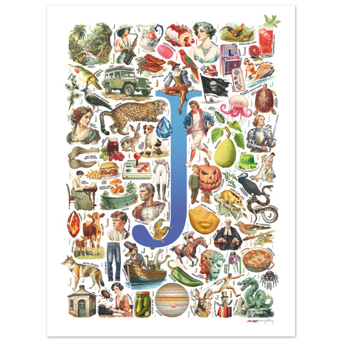 "J is for Journey" — a Renard Roux alphabet poster with English J words (blue version)