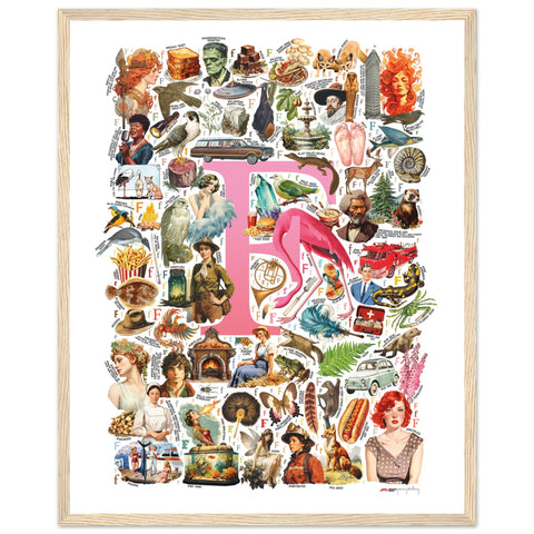 "F is for Festive" — a Renard Roux alphabet poster with English F words (pink version)