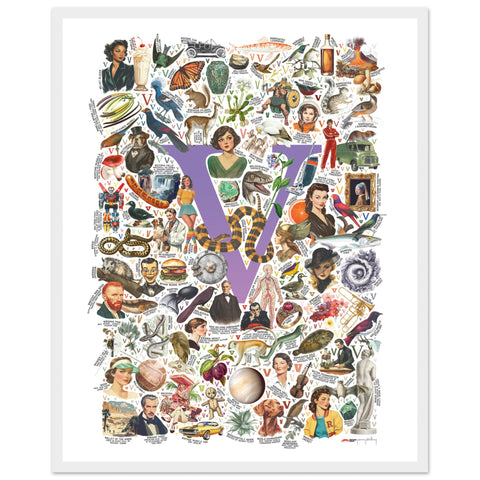 "V is for Voyage" — a Renard Roux alphabet poster with English V words (purple version)