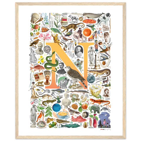 "N is for Nature" — a Renard Roux alphabet poster with English N words (yellow version)