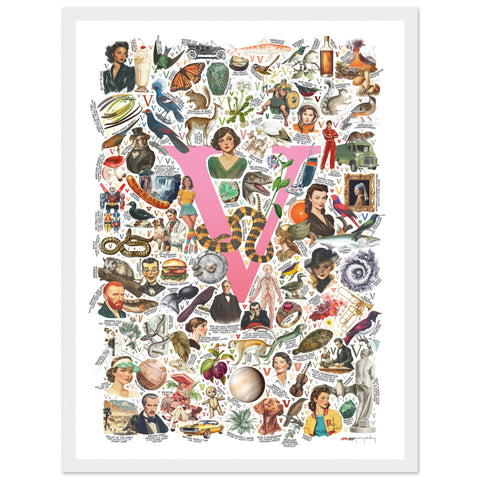 "V is for Voyage" — a Renard Roux alphabet poster with English V words (pink version)