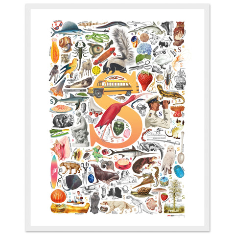 "S is for Surprise" — a Renard Roux alphabet poster with English S words (yellow version)
