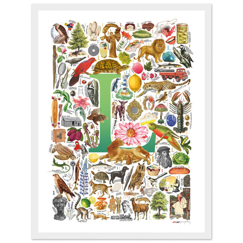 "L is for Learning" — a Renard Roux alphabet poster with English L words (green version)