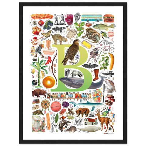 "B is for Brave" — a Renard Roux alphabet poster with English B words (chartreuse version)