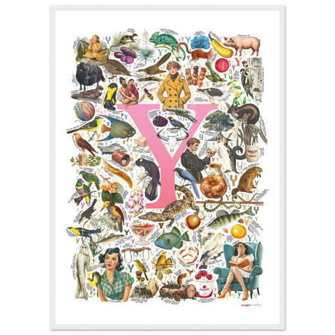 "Y is for Yonder" — a Renard Roux alphabet poster with English Y words (pink version)