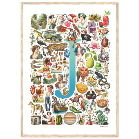 "J is for Journey" — a Renard Roux alphabet poster with English J words (turquoise version)