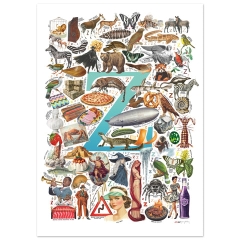 "Z is for Zenith" — a Renard Roux alphabet poster with English Z words (turquoise version)