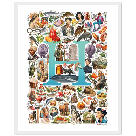 "H is for Heroes" — a Renard Roux alphabet poster with English H words (turquoise version)