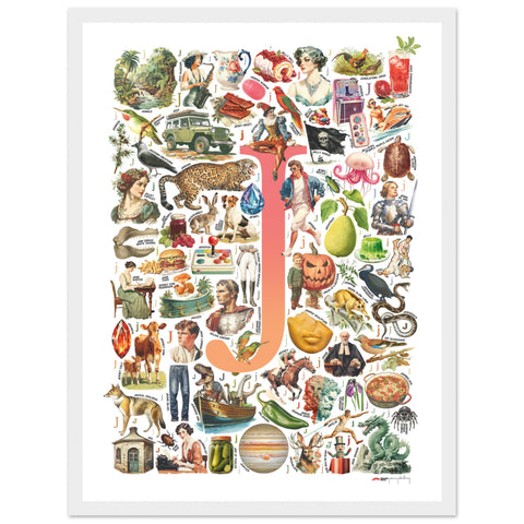 "J is for Journey" — a Renard Roux alphabet poster with English J words (red version)