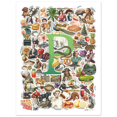 "P is for Pioneer" — a Renard Roux alphabet poster with English P words (green version)