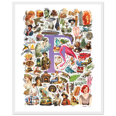 "F is for Festive" — a Renard Roux alphabet poster with English F words (purple version)