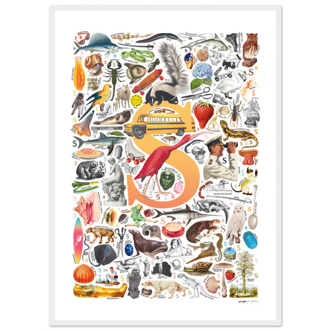 "S is for Surprise" — a Renard Roux alphabet poster with English S words (yellow version)