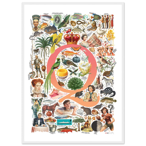 "Q is for Quest" — a Renard Roux alphabet poster with English Q words (red version)