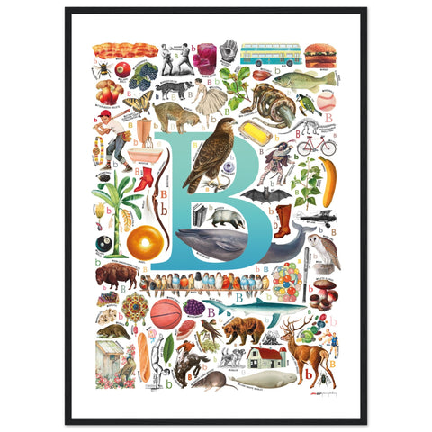 "B is for Brave" — a Renard Roux alphabet poster with English B words (turquoise version)