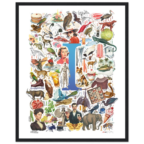 "I is for Imagination" — a Renard Roux alphabet poster with English I words (blue version)